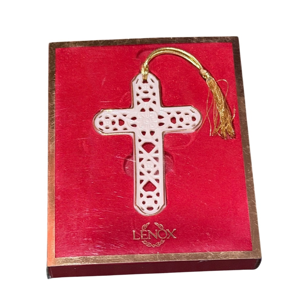 Vintage Lenox Fine Ivory China Pierced Cross Ornament Gold Tassel 6119820